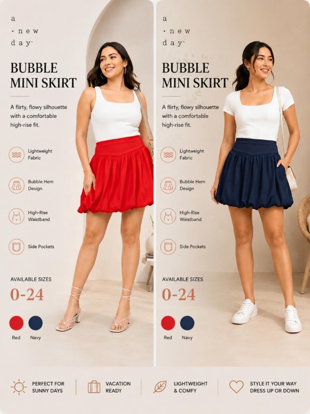 2-Pack A New Day Women’s Bubble Mini Skirts – Red & Navy – Sizes 0–24